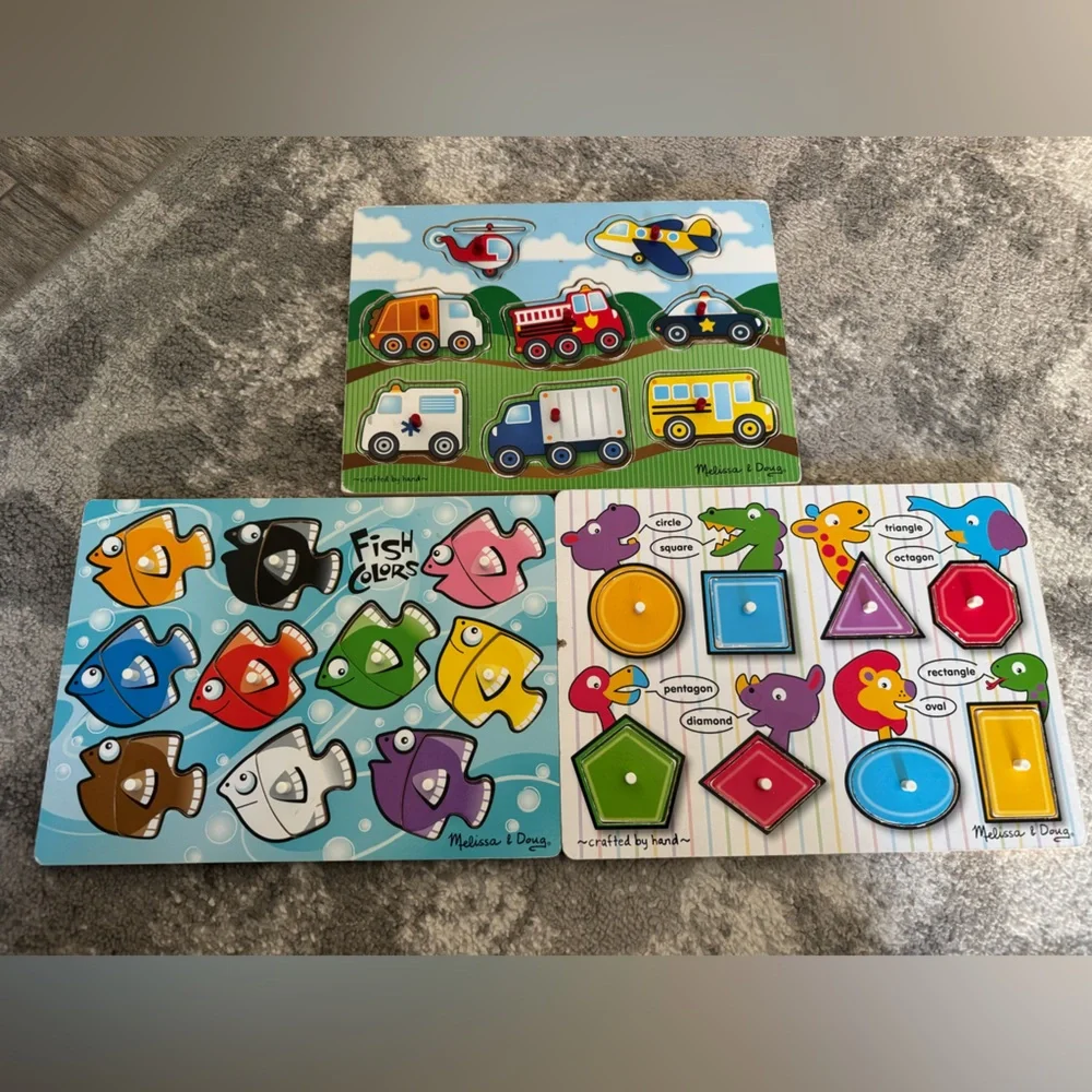 3 Melissa & Doug wooden peg puzzles: shapes, vehicles and colors mix and match